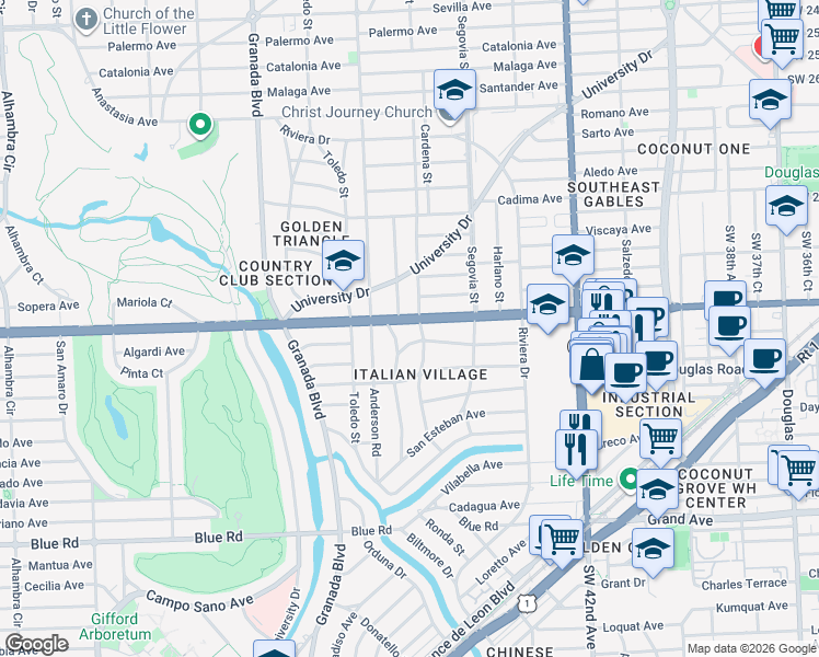 map of restaurants, bars, coffee shops, grocery stores, and more near 645 San Antonio Avenue in Coral Gables