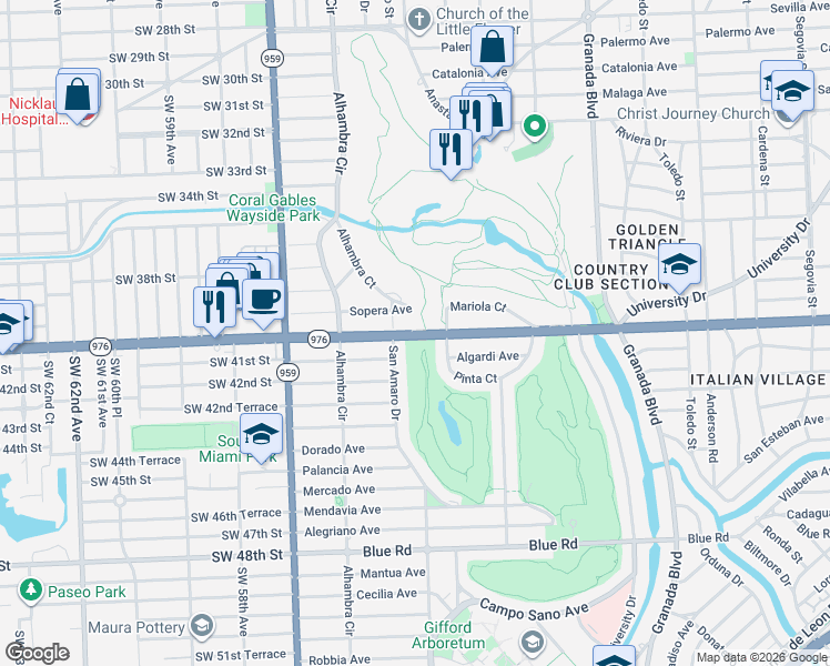 map of restaurants, bars, coffee shops, grocery stores, and more near 1347 Florida 976 in Coral Gables