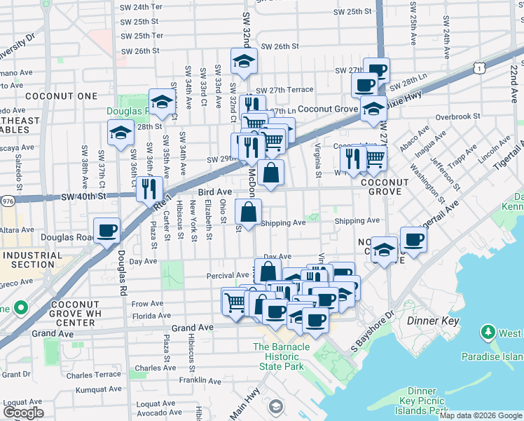 map of restaurants, bars, coffee shops, grocery stores, and more near 3075 McDonald Street in Miami