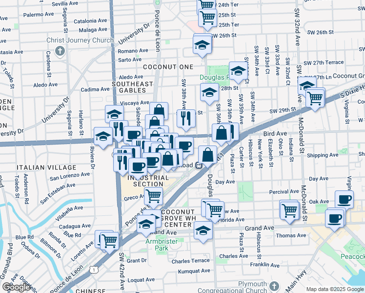 map of restaurants, bars, coffee shops, grocery stores, and more near 3050 Southwest 38th Avenue in Miami
