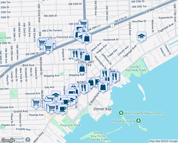 map of restaurants, bars, coffee shops, grocery stores, and more near 3073 Blaine Street in Miami