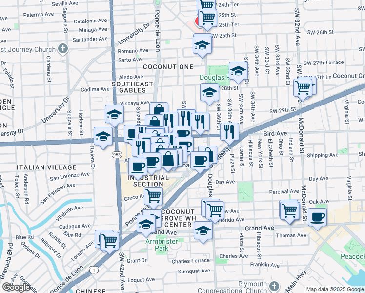 map of restaurants, bars, coffee shops, grocery stores, and more near 3050 Southwest 38th Avenue in Miami