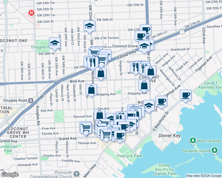 map of restaurants, bars, coffee shops, grocery stores, and more near 3075 Allamanda Street in Miami