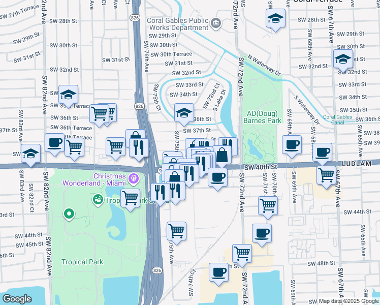 map of restaurants, bars, coffee shops, grocery stores, and more near 7445 Southwest 39th Terrace in Miami