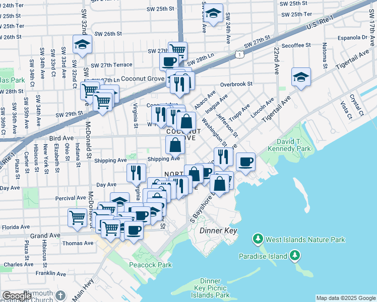 map of restaurants, bars, coffee shops, grocery stores, and more near 3071 Southwest 27th Avenue in Miami