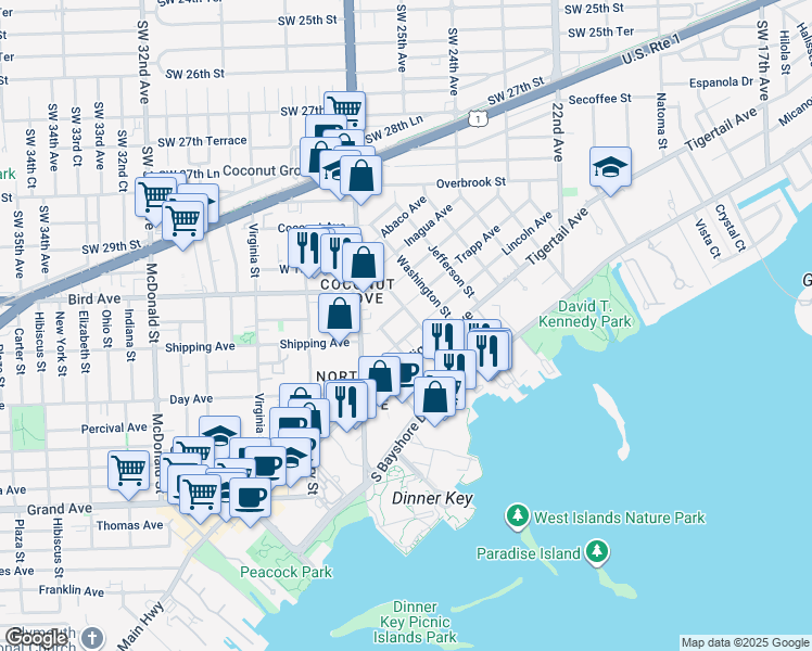 map of restaurants, bars, coffee shops, grocery stores, and more near 3073 Blaine Street in Miami