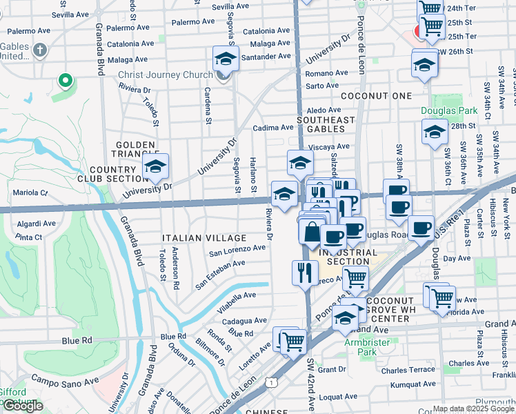 map of restaurants, bars, coffee shops, grocery stores, and more near 515 San Antonio Avenue in Coral Gables