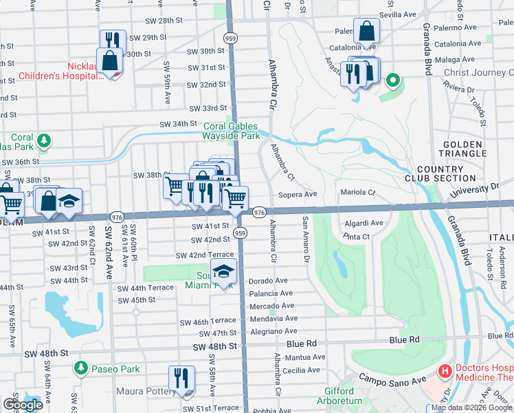 map of restaurants, bars, coffee shops, grocery stores, and more near in Coral Gables