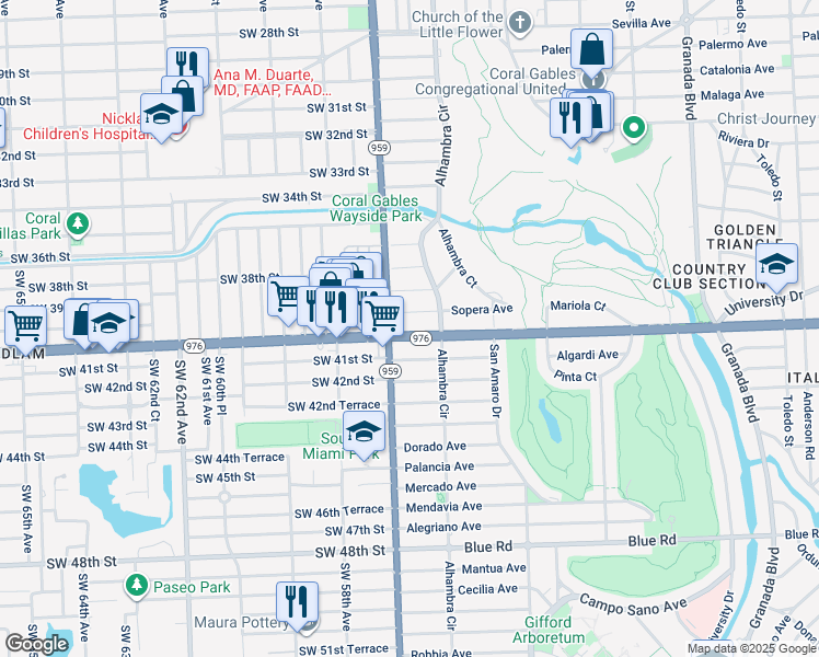 map of restaurants, bars, coffee shops, grocery stores, and more near in Coral Gables