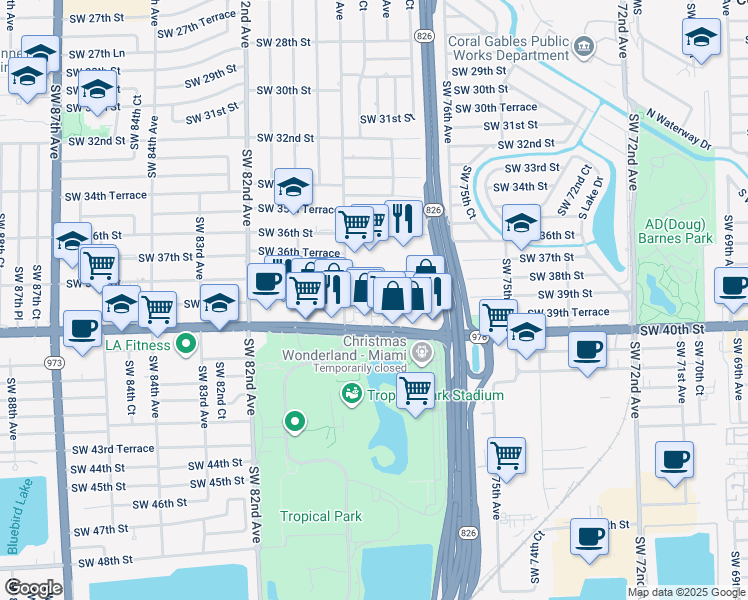 map of restaurants, bars, coffee shops, grocery stores, and more near 105 Southwest 78th Court in Miami