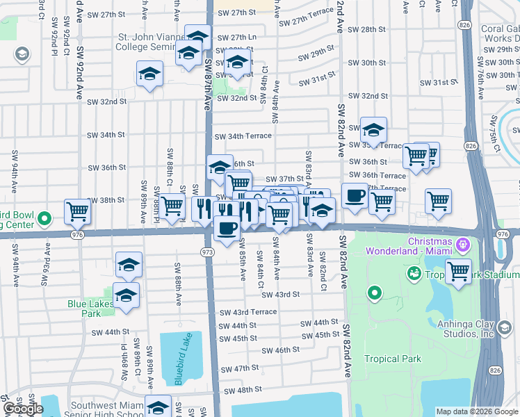 map of restaurants, bars, coffee shops, grocery stores, and more near 8437 Bird Road in Miami