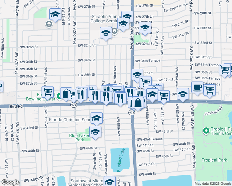 map of restaurants, bars, coffee shops, grocery stores, and more near 3840 Southwest 88th Court in Miami