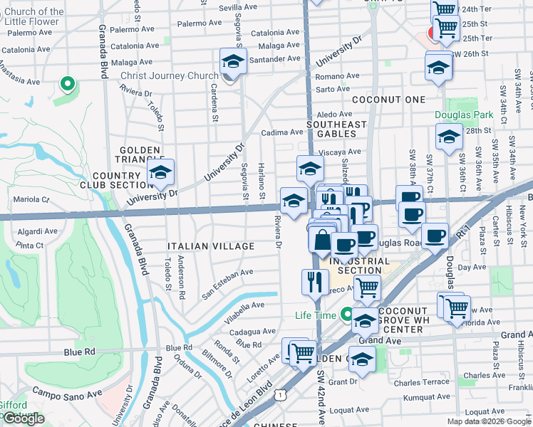 map of restaurants, bars, coffee shops, grocery stores, and more near 515 San Antonio Avenue in Coral Gables