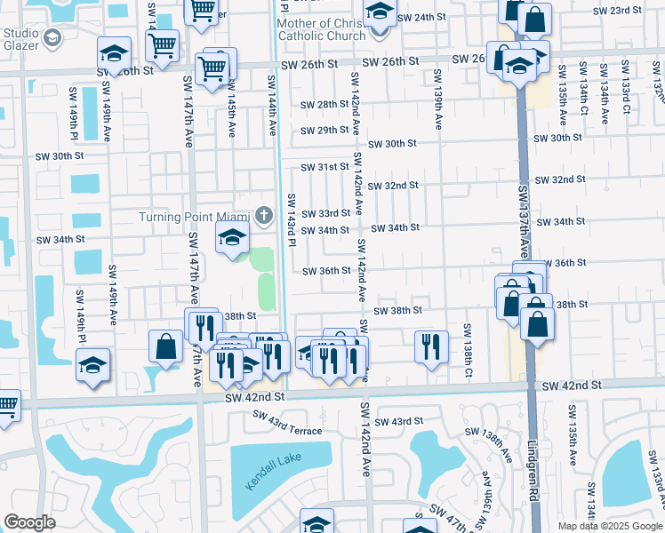 map of restaurants, bars, coffee shops, grocery stores, and more near 14270 Southwest 36th Street in Miami