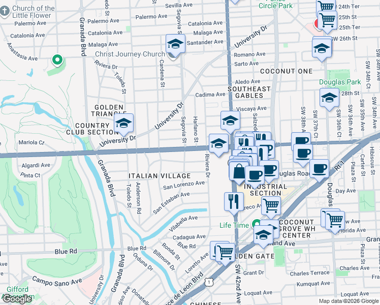 map of restaurants, bars, coffee shops, grocery stores, and more near 536 Bird Road in Coral Gables