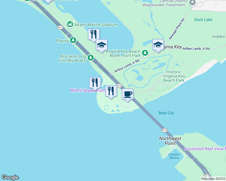 map of restaurants, bars, coffee shops, grocery stores, and more near 4400 Rickenbacker Causeway in Key Biscayne