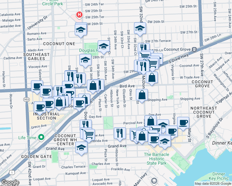 map of restaurants, bars, coffee shops, grocery stores, and more near 3061 Hibiscus Street in Miami