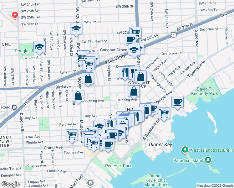 map of restaurants, bars, coffee shops, grocery stores, and more near 2950 Jackson Avenue in Miami