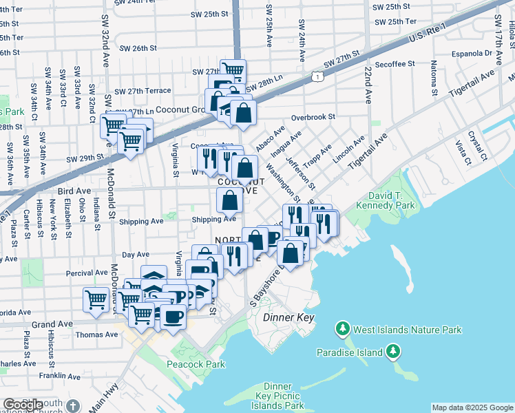 map of restaurants, bars, coffee shops, grocery stores, and more near 3073 Blaine Street in Miami