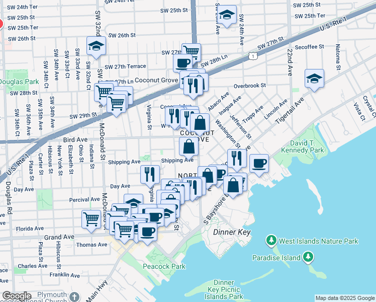 map of restaurants, bars, coffee shops, grocery stores, and more near 3084 Southwest 27th Avenue in Miami
