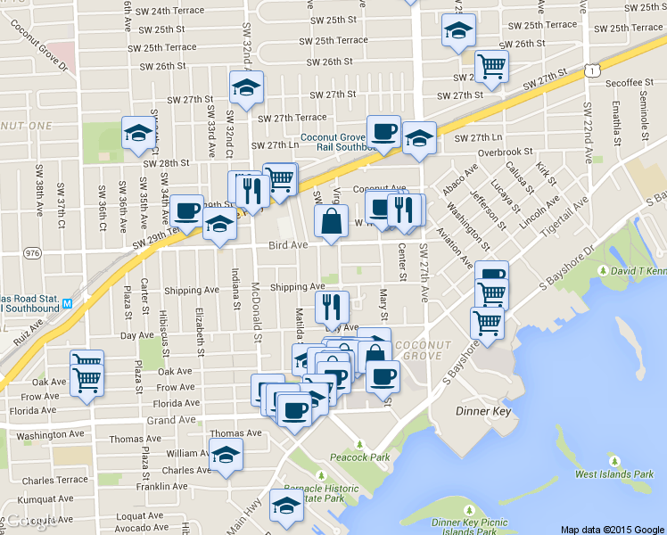 map of restaurants, bars, coffee shops, grocery stores, and more near 3075 Allamanda Street in Miami