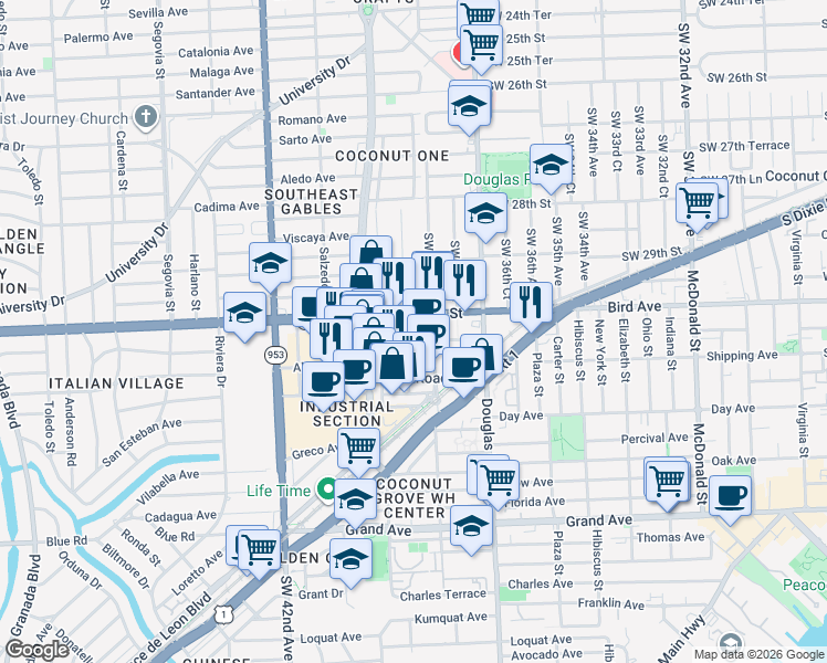 map of restaurants, bars, coffee shops, grocery stores, and more near 3850 Bird Road in Miami