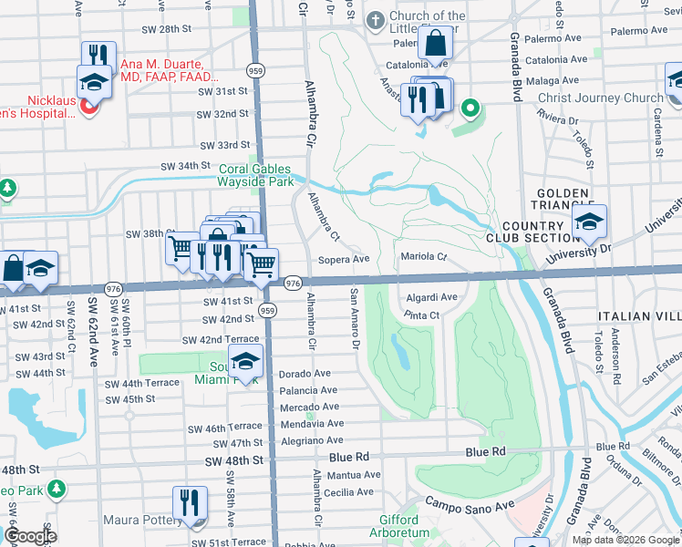 map of restaurants, bars, coffee shops, grocery stores, and more near 1409 Florida 976 in Coral Gables