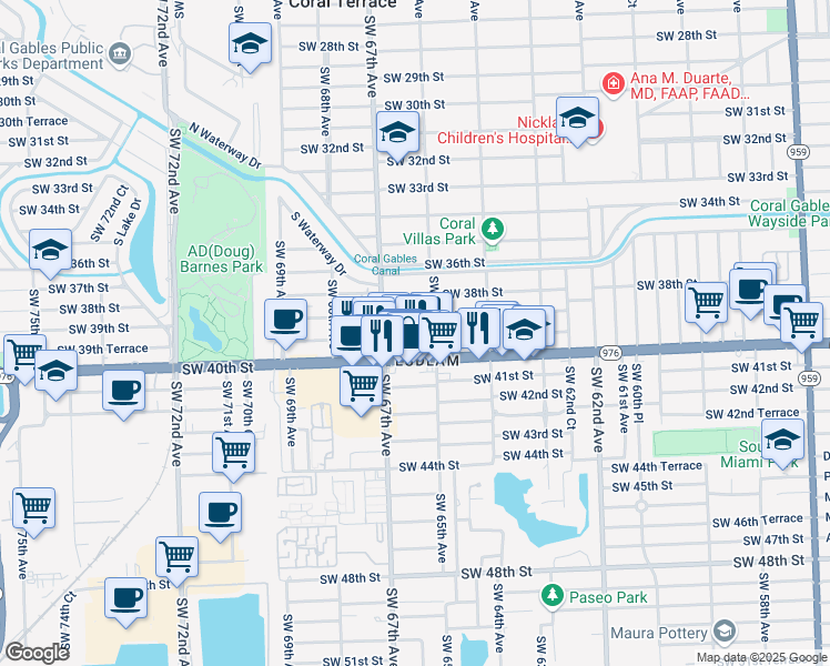 map of restaurants, bars, coffee shops, grocery stores, and more near 6521 Bird Road in Miami