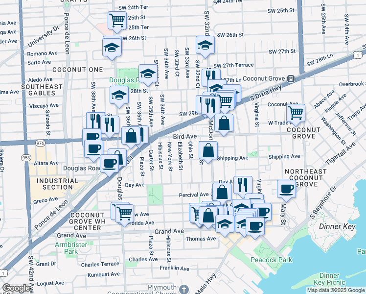 map of restaurants, bars, coffee shops, grocery stores, and more near 3071 Elizabeth Street in Miami