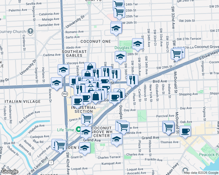 map of restaurants, bars, coffee shops, grocery stores, and more near 3760 Bird Road in Miami