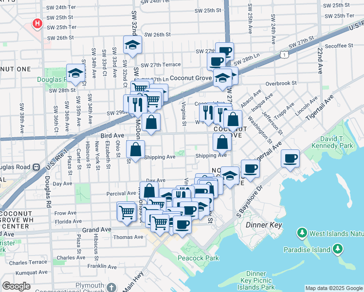 map of restaurants, bars, coffee shops, grocery stores, and more near 3075 Allamanda Street in Miami