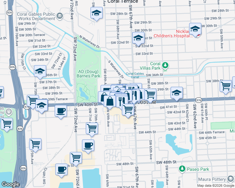 map of restaurants, bars, coffee shops, grocery stores, and more near 3960 Southwest 68th Avenue in Miami