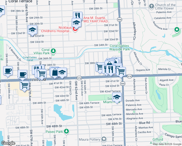 map of restaurants, bars, coffee shops, grocery stores, and more near 6001 Southwest 40th Street in Miami