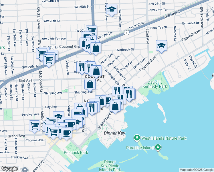 map of restaurants, bars, coffee shops, grocery stores, and more near 3073 Blaine Street in Miami