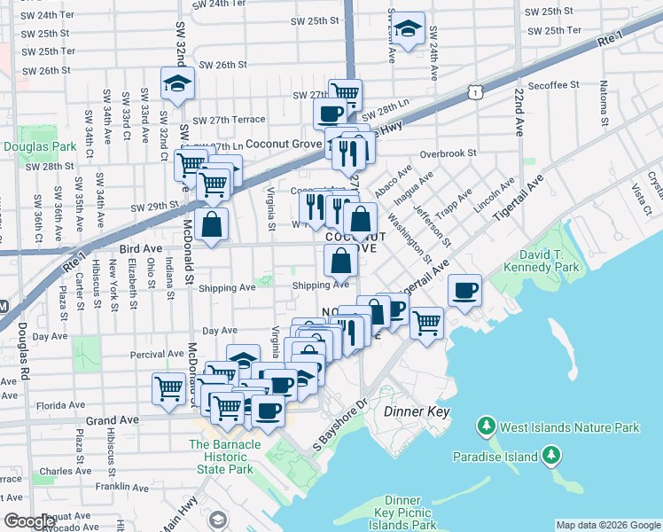 map of restaurants, bars, coffee shops, grocery stores, and more near 3081 Mary Street in Miami