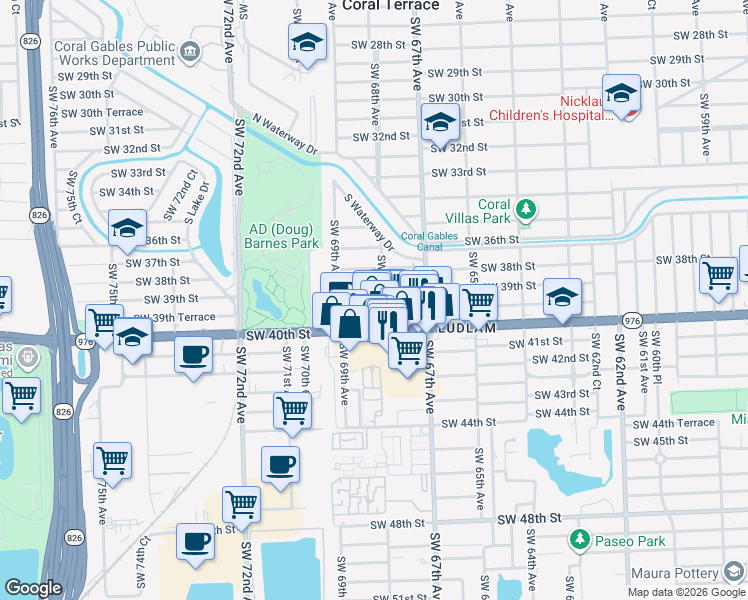 map of restaurants, bars, coffee shops, grocery stores, and more near 3960 Southwest 68th Avenue in Miami