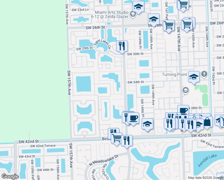 map of restaurants, bars, coffee shops, grocery stores, and more near 3560 Southwest 153rd Avenue in Miami