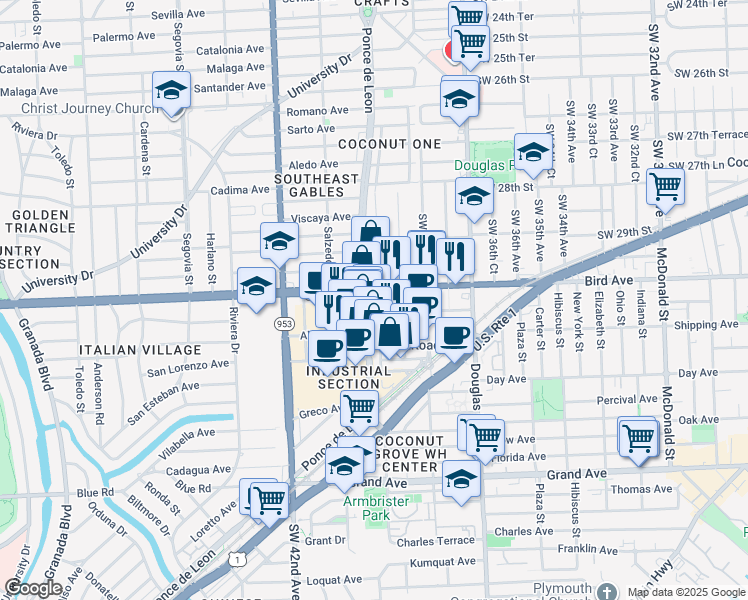 map of restaurants, bars, coffee shops, grocery stores, and more near 4001 Ponce de Leon Boulevard in Coral Gables