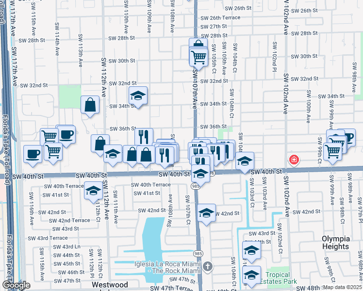 map of restaurants, bars, coffee shops, grocery stores, and more near 10730 Southwest 38th Street in Miami