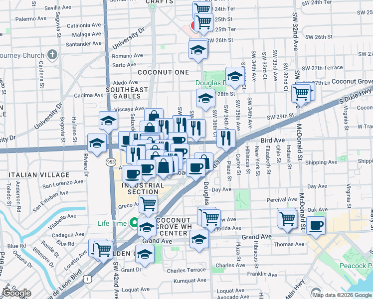 map of restaurants, bars, coffee shops, grocery stores, and more near 3760 Southwest 40th Street in Miami