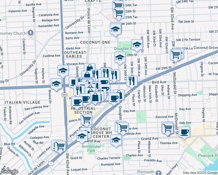 map of restaurants, bars, coffee shops, grocery stores, and more near 3760 Bird Road in Miami