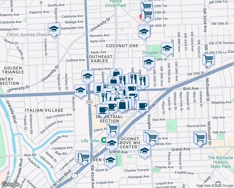 map of restaurants, bars, coffee shops, grocery stores, and more near 4001 Ponce de Leon Boulevard in Coral Gables