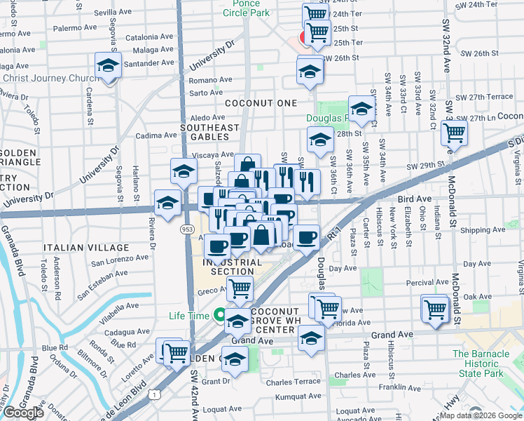 map of restaurants, bars, coffee shops, grocery stores, and more near 3052 Southwest 38th Court in Miami