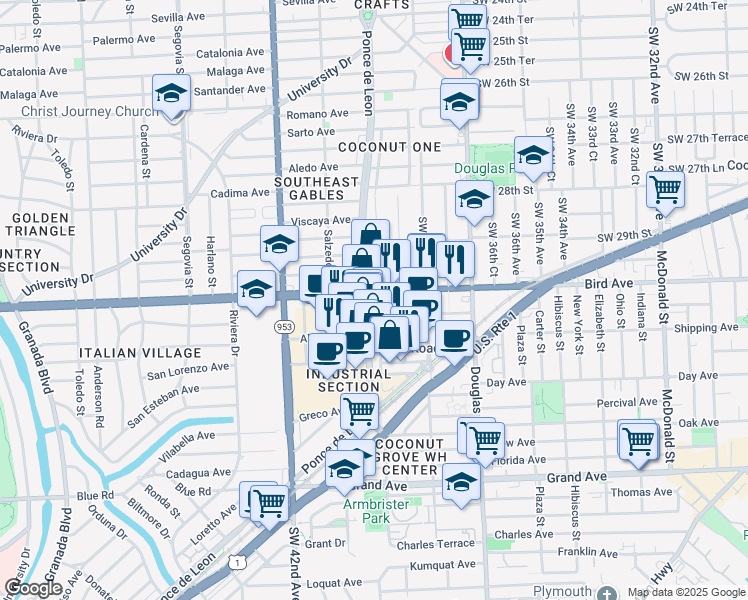map of restaurants, bars, coffee shops, grocery stores, and more near 3052 Southwest 38th Court in Miami
