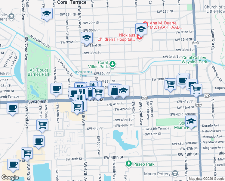 map of restaurants, bars, coffee shops, grocery stores, and more near 6361 Southwest 40th Street in Miami