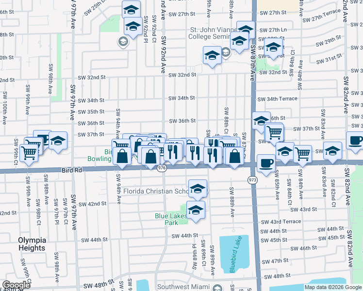 map of restaurants, bars, coffee shops, grocery stores, and more near 3849 Southwest 90th Avenue in Miami