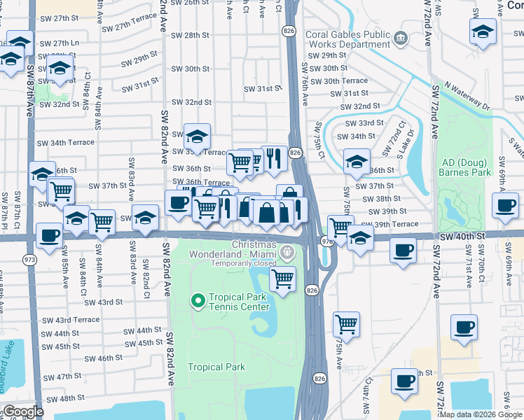 map of restaurants, bars, coffee shops, grocery stores, and more near 3903 Southwest 78th Court in Miami