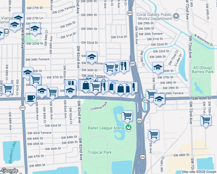 map of restaurants, bars, coffee shops, grocery stores, and more near 7921 Bird Road in Miami