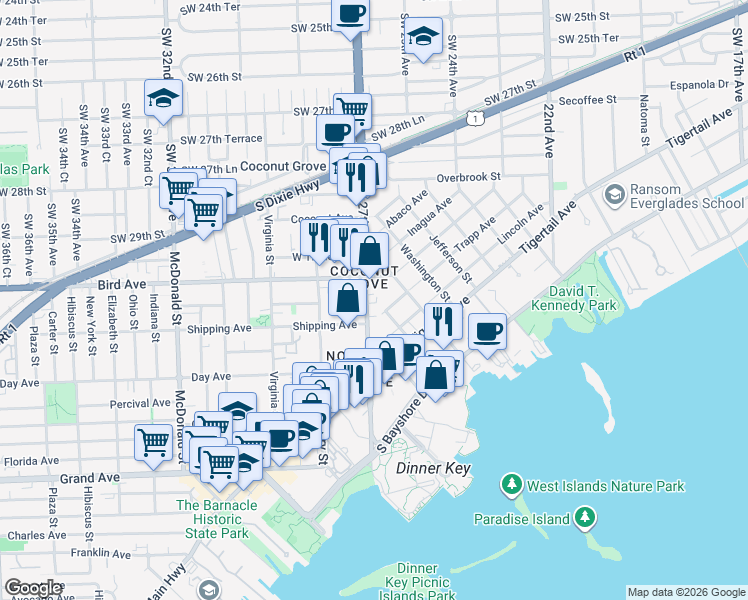 map of restaurants, bars, coffee shops, grocery stores, and more near 3084 Southwest 27th Avenue in Miami