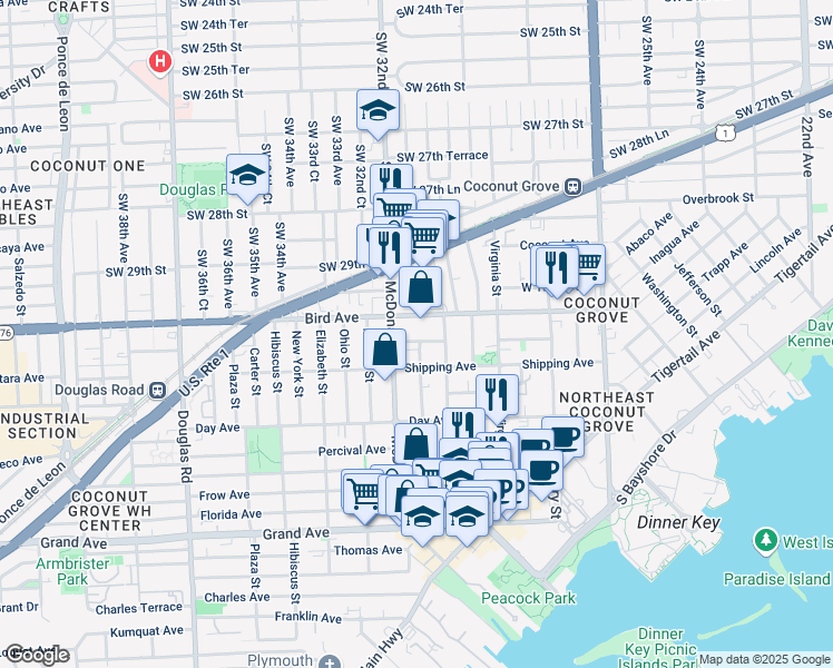map of restaurants, bars, coffee shops, grocery stores, and more near 3075 McDonald Street in Miami